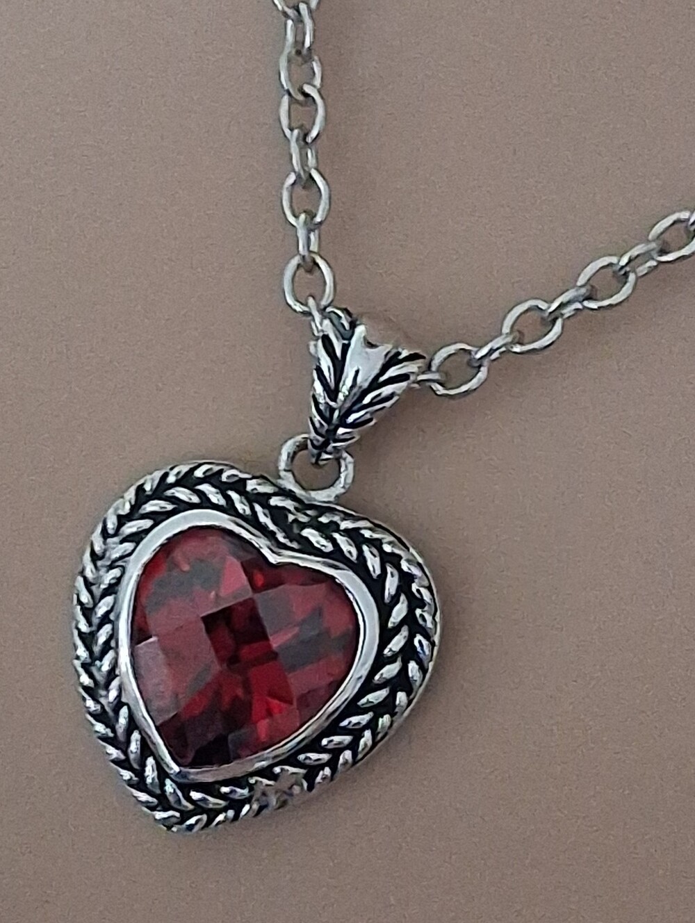 Silver Heart Pendant Necklace with Red Gemstone